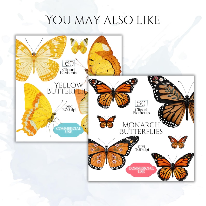 Puede incluir: Una colecci&oacute;n digital de elementos clipart de mariposas con dos conjuntos. Un conjunto muestra mariposas amarillas con 60 elementos y el otro mariposas monarca con 50 elementos. Ambos incluyen etiquetas de texto, png 300 dpi y uso comercial.