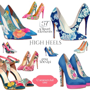 Puede incluir: Una variedad de zapatos de tacón alto con estampados florales en varios colores, incluyendo azul, rosa y amarillo. La imagen incluye el texto "57 Clipart Elements", "HIGH HEELS" y "Commercial use."