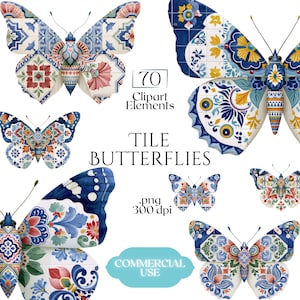 Peut inclure: Une collection d'illustrations numériques de papillons avec des motifs de carreaux complexes en bleu, jaune, rouge et vert. Le texte indique 70 Clipart Elements, TILE BUTTERFLIES, .png 300 dpi et COMMERCIAL USE. Ces éléments graphiques présentent divers motifs d'ailes.