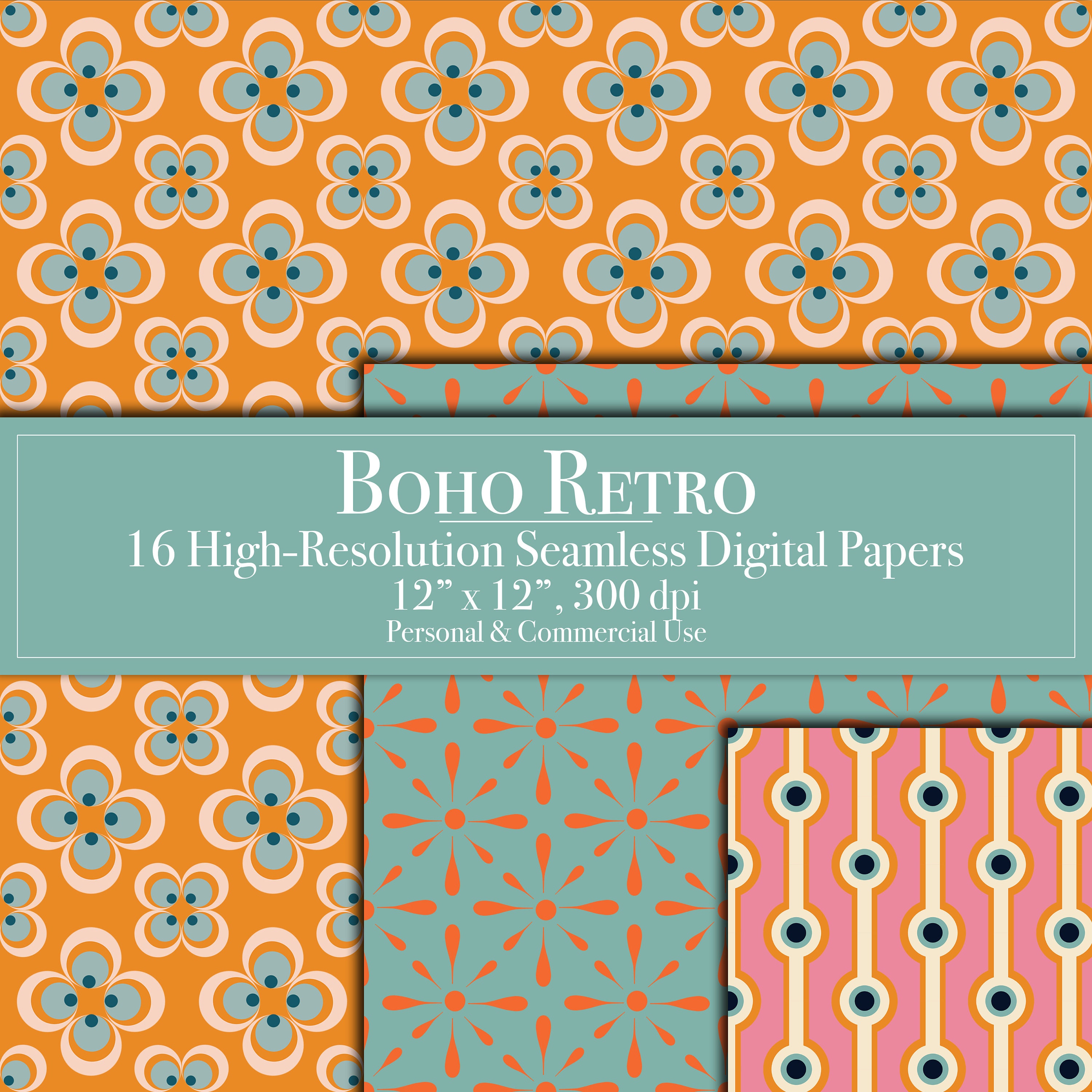 Boho Retro Digital Papers, Seamless Pattern Scrapbook Paper Commercial ...