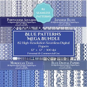 Mega Bundle di carta digitale blu, 82 modelli senza soluzione di continuità, scrapbooking, diario spazzatura, pianificatore, uso commerciale, download immediato, piastrelle antiche