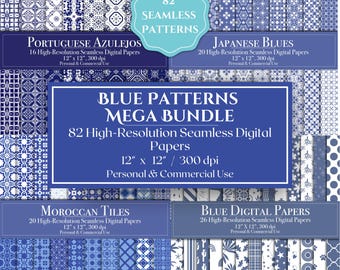 Blue Digital Paper Mega Bundle, 82 bezszwowe wzory, dziennik śmieci z papieru do scrapbookingu, planer, zastosowanie komercyjne, natychmiastowe pobieranie, antyczne kafelki