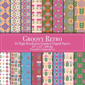 Carte digitali retrò groovy, carta per scrapbooking con motivo senza soluzione di continuità, uso commerciale, download immediato, stampabile, fiori mod stelle fai da te per diario spazzatura