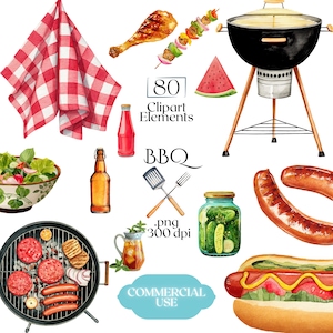 以下が含まれることがあります： バーベキュー要素の水彩イラスト。グリル、食べ物、調味料が含まれています。赤と白のチェック柄の布、スイカのスライス、ピクルスの瓶が特徴です。画像には「80 Clipart Elements」と「BBQ」の文字が含まれています。