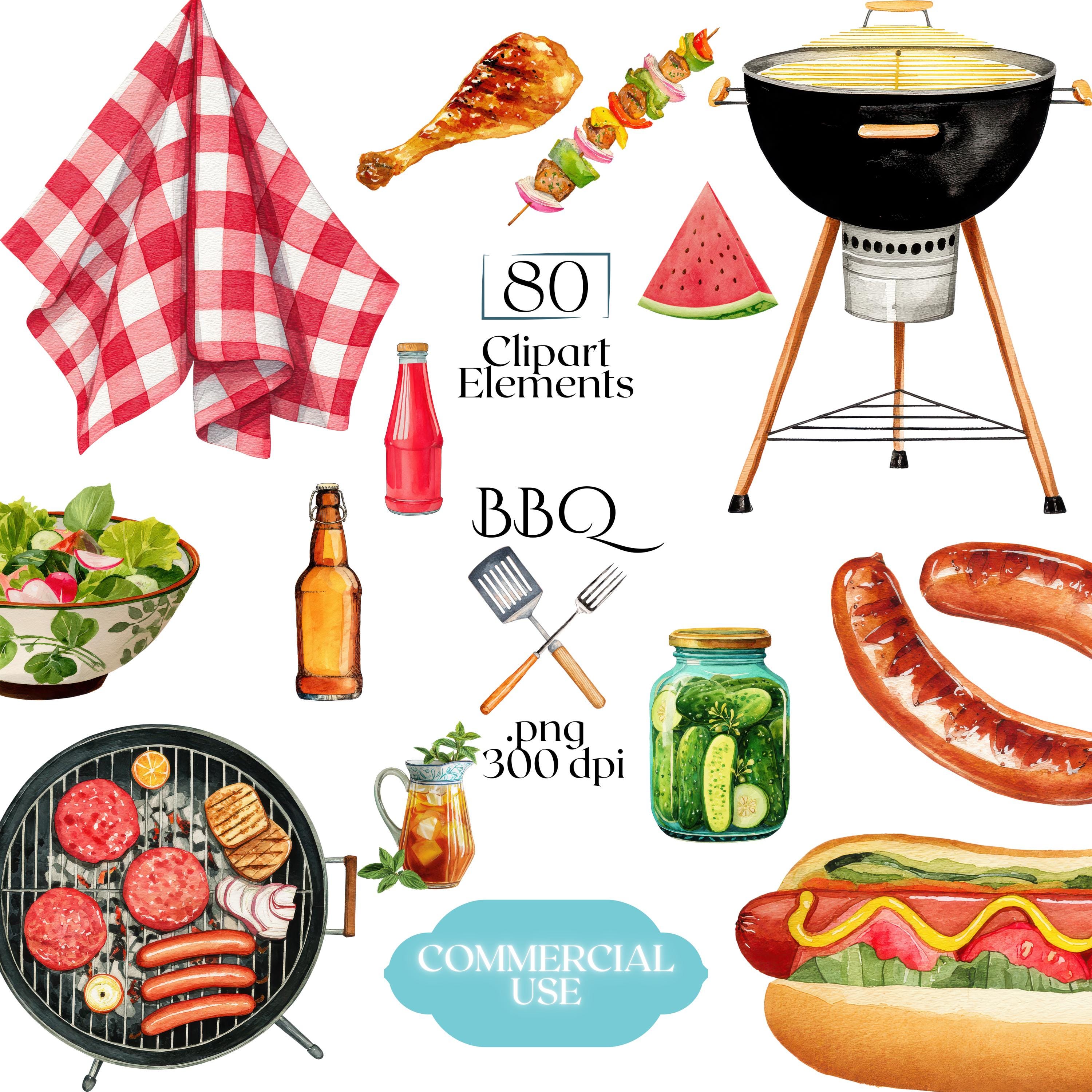 BBQ Clipart, Watercolor Grill & Cookout Graphics, Summer Barbecue ...
