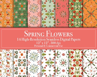 Spring Flowers Digital Paper Bundle, Seamless Patterns Scrapbook Paper Junk Journal Planner Commercial Use Instant Download, Bees Butterfly