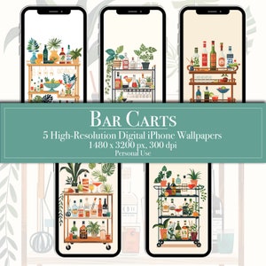 Barwagen iPhone Android Wallpapers, 5 Digitale Download Unieke iPhone Wallpapers, Drinkkar Homescherm, Bar Trolley Telefoon Wallpaper Boho Art