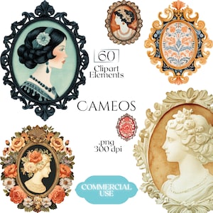 Può includere: Una collezione di elementi di clipart di cammei vintage. Le immagini presentano ritratti di donne in cornici ornate, con disegni floreali e decorativi. Il testo include "60 Clipart Elements", "Cameos", ".png 300 dpi" e "Commercial Use".