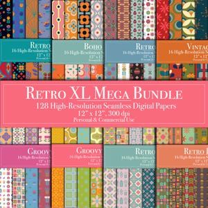 May include: A digital paper pack with 128 retro-style patterns in a variety of colors and designs. The patterns are 12 inches by 12 inches and 300 dpi. The pack includes patterns with geometric shapes, flowers, and abstract designs. The text "Retro XL Mega Bundle" is displayed at the top of the image.