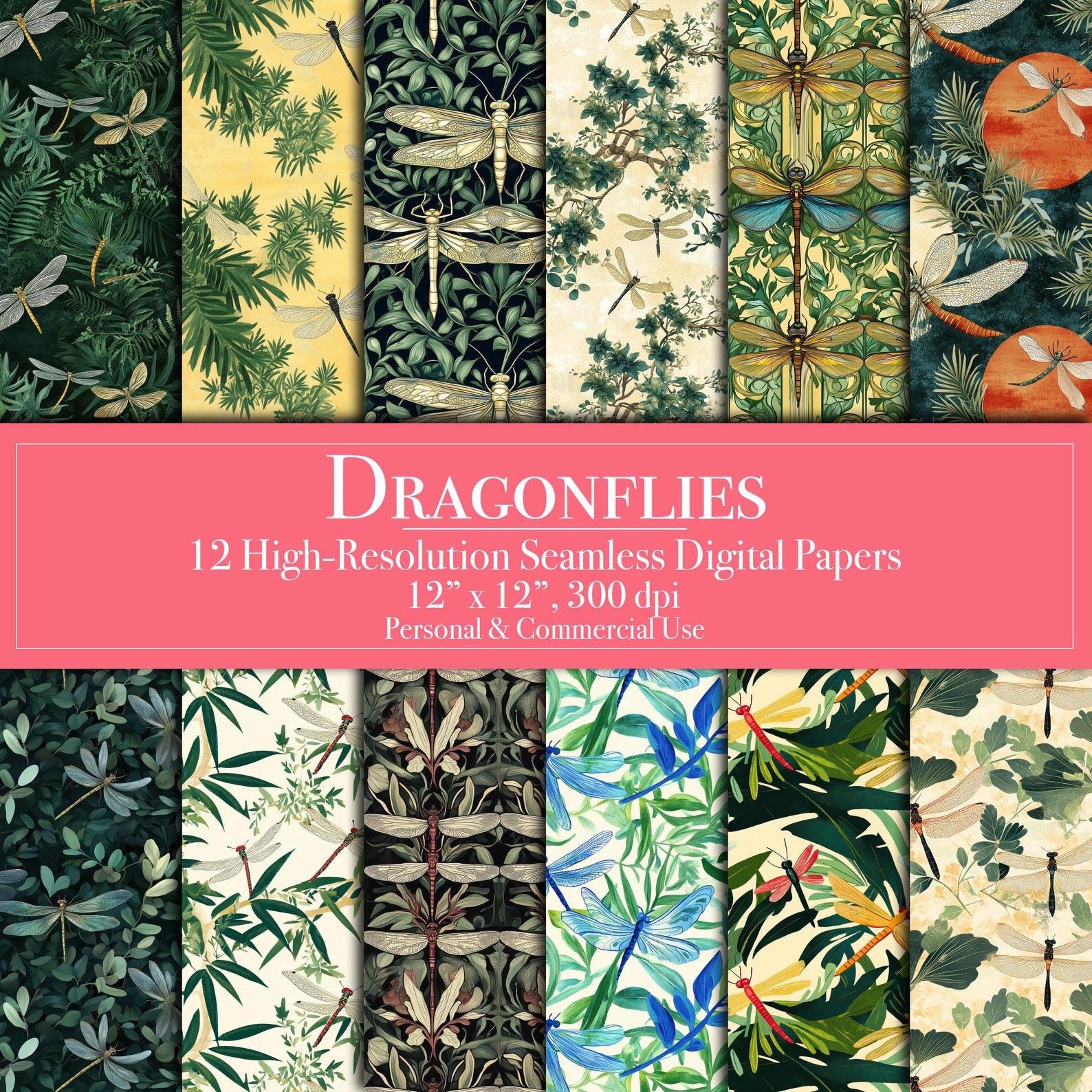 Dragonfly Digital Paper Pack, Seamless Dragonfly Scrapbook Pattern for ...