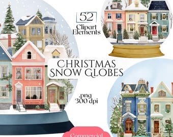 Christmas Snow Globes Clipart, Winter Holiday Street PNG Elements, Vintage House Snow Globe Illustrations, Christmas Village Clip Art Set
