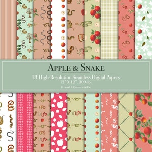 Papéis digitais Apple & Snake Botanicals, padrão sem costura, pacote de papel para scrapbook, uso comercial, download instantâneo, conjunto de coordenação, Eden