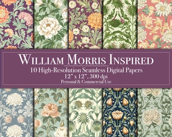 William Morris Digital Paper, Seamless Digital Scrapbook Paper, Planner Commercial Use, Junk Journal Backgrounds, Printable Card Making DIY