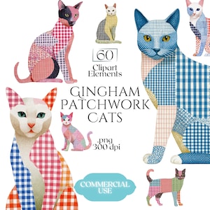 May include: A collection of whimsical cat illustrations with patchwork patterns in various colors, including red, blue, and pink gingham. The text "Gingham Patchwork Cats" is displayed, along with "60 Clipart Elements."