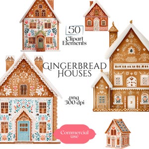 May include: A watercolour illustration of gingerbread houses with detailed designs. The image shows several houses with white icing, floral patterns, and the text "Gingerbread Houses" and "50 Clipart Elements". The image also includes the text ".png 300 dpi" and "Commercial use".