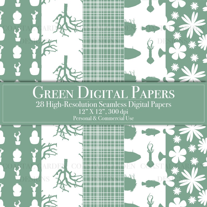 Green Digital Paper Bundle, Seamless Pattern, Scrapbook Paper