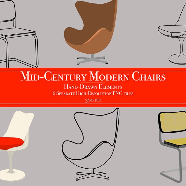 Mid-Century Modern Chairs Clipart Collection, Cool Stickers, Vintage Party Decor Crafting Retro Invitations Cards, Junk Journal, Tulip Cesca