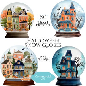 Halloween Snow Globe Clipart, Haunted House PNG Bundle, Spooky Fall Village Scenes, Vintage Halloween Illustration Set, Commercial Use