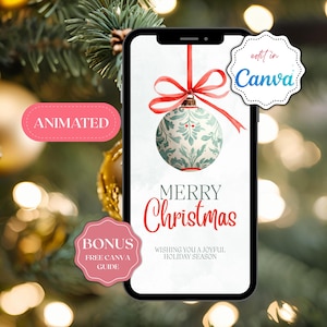 Puede incluir: Un smartphone muestra un saludo navideño. La pantalla muestra un adorno de acuarela con una cinta roja, las palabras "Merry Christmas" y "Wishing you a joyful holiday season." Las etiquetas rosas dicen "Animated" y "Bonus Free Canva Guide."