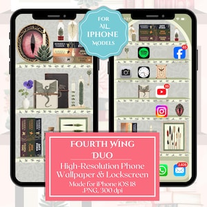 Puede incluir: Un diseño de fondo de pantalla y pantalla de bloqueo para teléfono con un tema de estantería, con libros, velas y elementos decorativos. El diseño incluye el texto "FOURTH WING DUO" y está hecho para iPhone iOS 18.