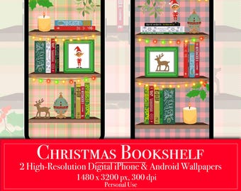 Christmas Bookshelf iPhone Android Wallpapers, Holiday Books Digital Download, Unique Homescreen + Lock Screen Backgrounds Book Lover's Gift