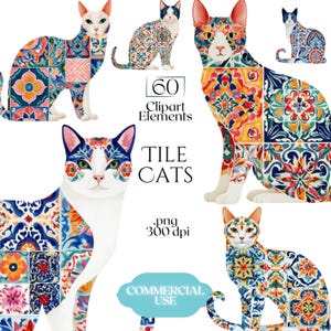 May include: A collection of cat illustrations featuring bodies covered in colourful, intricate tile patterns. The text reads 60 Clipart Elements, TILE CATS, .png 300 dpi, and COMMERCIAL USE. The cats are depicted in various sitting poses.