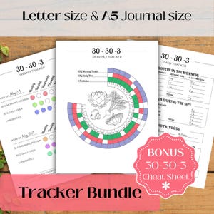 Puede incluir: Un paquete de rastreadores imprimibles con el texto "30-30-3" y "Tracker Bundle". Los rastreadores incluyen registros semanales, mensuales y diarios. El rastreador mensual presenta un diseño circular con ilustraciones de verduras.