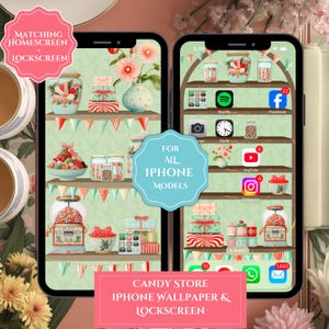 Fondo de pantalla de tienda de dulces para iPhone, dúo de pantalla de bloqueo y pantalla de inicio con dulces golosinas, tema estético de teléfono con dulces en tonos pastel, pantallas alegres para iPhone