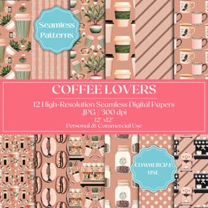 Coffee Lovers Digital Papers, Seamless Coffee House Patterns, Coffee Cup Scrapbook Backgrounds, Coffee Maker Seamless Papers for Crafting