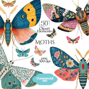 Peut inclure: Une collection de 50 éléments clipart aquarelle représentant divers papillons de nuit. Les papillons de nuit ont des ailes détaillées dans les tons de bleu, orange, rose et vert. L'image comprend le mot "MOTHS" et "Commercial use".