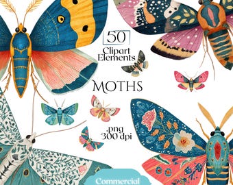Moths Clipart, Colorful Moth Illustrations, Vintage Insect PNG Elements, Botanical Moth Graphics, Moth Scrapbook, Insect Crafts Junk Journal