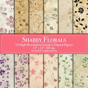 Shabby Florals Junk Journal Pages, vintage digitaal papier, antiek naadloos plakboekpapier, patroon met verweerde leeftijd, vervaagde bloemenachtergrond