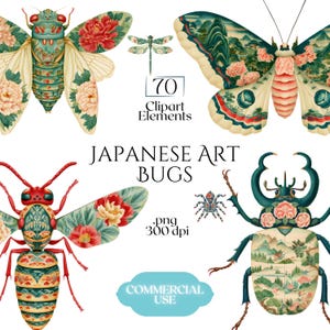 Puede incluir: Una colección de 70 elementos de arte digital con insectos como cigarras, polillas, avispas, escarabajos y una libélula decorados con patrones de arte japonés, motivos florales y paisajes, etiquetados con Japanese Art Bugs y .png 300 dpi.