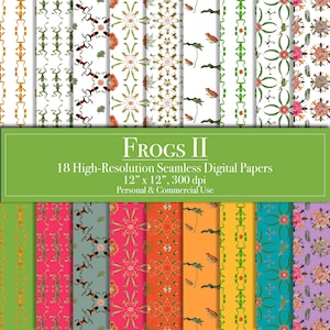 May include: Set of 18 digital papers featuring frogs, flowers, and geometric patterns in various colors. Each paper is 12 inches by 12 inches and 300 dpi.  FROGS II, Personal & Commercial Use.
