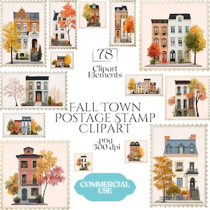 May include: A collection of 78 "Fall Town Postage Stamp Clipart" images. The illustrations feature colorful townhouses and trees in autumn colors, set against a cream-colored background. The images are designed for commercial use.