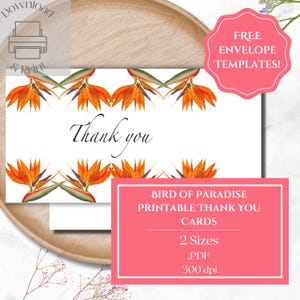 Cartão de agradecimento para impressão Bird of Paradise, imprima em casa o cartão de agradecimento Strelitzia, cartão tropical de última hora e envelope faça você mesmo, cartão Crane Lily