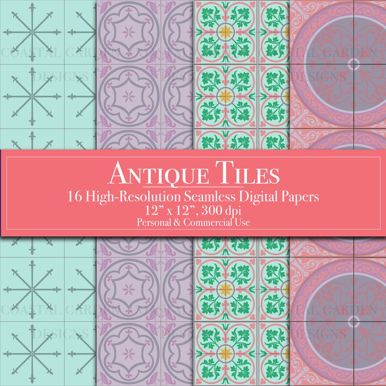 Antique Tiles Digital Paper Bundle, Seamless Patterns, Scrapbook Paper ...