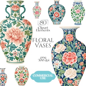 Può includere: Una collezione di 80 elementi clipart digitali raffiguranti vari vasi floreali con intricati motivi di fiori rosa, bianchi e blu su sfondi color crema e blu scuro. Il testo recita 80 Clipart Elements, FLORAL VASES, .png 300 dpi, COMMERCIAL USE.