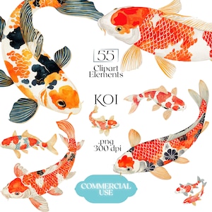 Koi Clipart, akvarell Koi-fisk PNG-grafik, japanska Koi-illustrationer för hantverk, inbjudningar, scrapbooking och utskrift på begäran