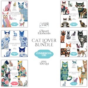 May include: A digital clipart bundle featuring six distinct sets of cat illustrations, including gingham patchwork, art deco, chinoiserie, halloween, folk art, and art nouveau styles. The text reads 348 Clipart Elements, CAT LOVER BUNDLE, and .png 300 dpi.