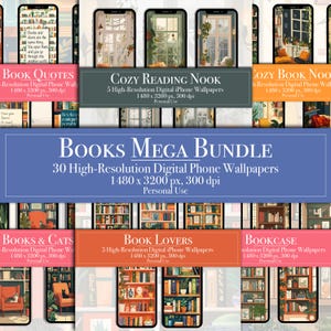 Book Lovers iPhone Android Wallpapers Mega Bundle, Digital Download Phone Wallpapers, Bookshelf Books, Library, Book Aesthetic screen savers