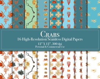Crabs Digital Paper Bundle, Seamless Pattern Set, Scrapbook Paper, Commercial Use Instant Download, Junk Journal, Printable, Maryland Crabs
