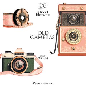 Puede incluir: Un conjunto de 26 elementos de clipart de cámara vintage, que incluyen un carrete de película rosa y negro, una cámara rosa y verde con una correa y una cámara rosa y roja con un diseño floral. El texto "OLD CAMERAS" está escrito en negro.