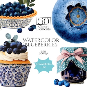 Watercolor Blueberries Clipart, Blueberry Ephemera PNG, Junk Journal Berry Graphics, Bakery Scrapbook Clip Art, Sweet Berry Stickers Bundle
