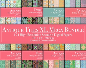 May include: A digital paper collection titled Antique Tiles XL Mega Bundle, featuring 124 high-resolution seamless patterns. The image displays a grid of colorful, intricate tile designs in various geometric and floral motifs, measuring 12 inches by 12 inches.