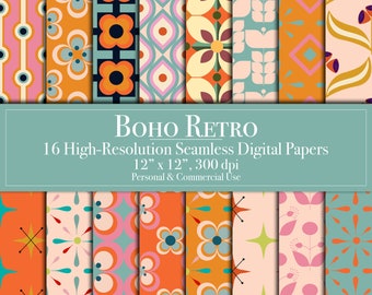 Carta digitale Boho Retro, carta per scrapbooking con motivi senza soluzione di continuità, uso commerciale, download istantaneo di diario spazzatura, stampabile, fiori mod, stelle fai da te