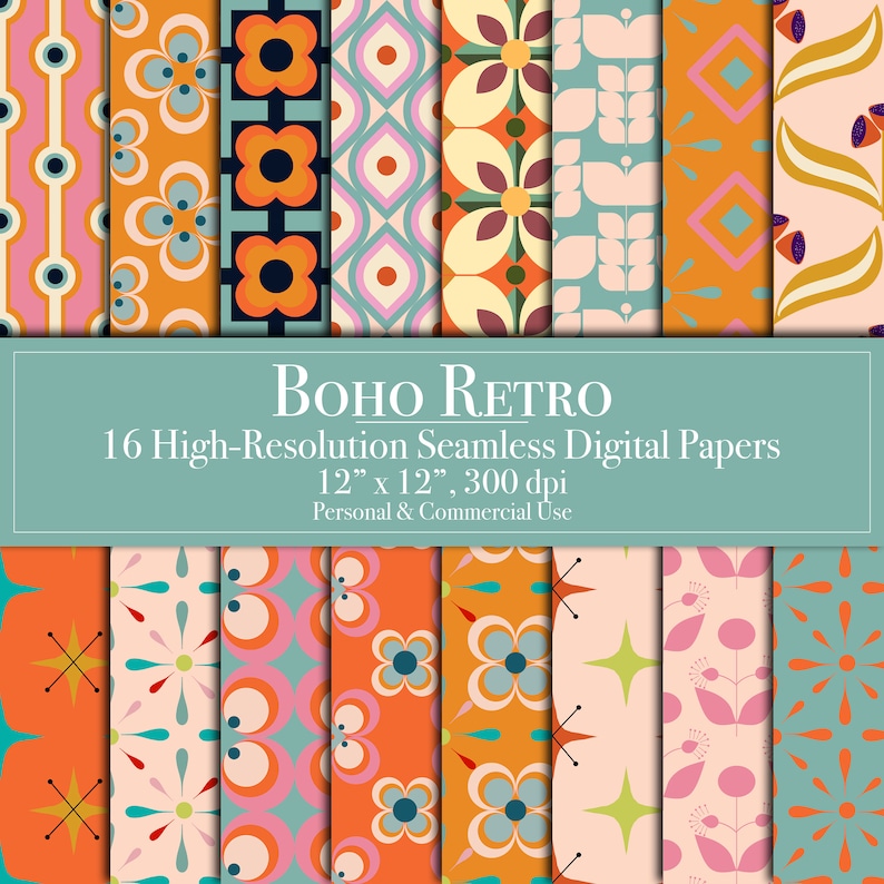 May include: A collection of 16 seamless digital papers featuring various patterns in orange, pink, blue, and cream. The text reads BOHO RETRO 16 High-Resolution Seamless Digital Papers 12" x 12", 300 dpi Personal & Commercial Use. The designs include floral, geometric, and star motifs.