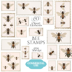 Op de afbeelding: Een verzameling postzegels met bijen als thema, met een vintage uitstraling. De postzegels tonen gedetailleerde illustraties van bijen in verschillende poses, tegen een crèmekleurige achtergrond. De tekst "BEE STAMPS" en "60 Clipart Elements" zijn ook zichtbaar.
