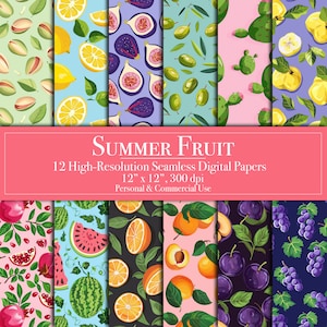 Papeles digitales de frutas de verano, 12 papeles para álbumes de recortes con patrones sin costuras, uso comercial, descarga instantánea, imprimibles para diarios basura (DIY), higos naranjas