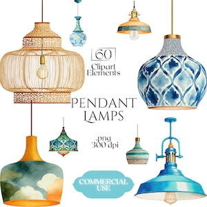 May include: Watercolor illustration of various pendant lamps in different styles. The lamps include a woven rattan design, a blue and white patterned lamp, and a turquoise metal lamp. The image also includes the text "60 Clipart Elements" and "Pendant Lamps".